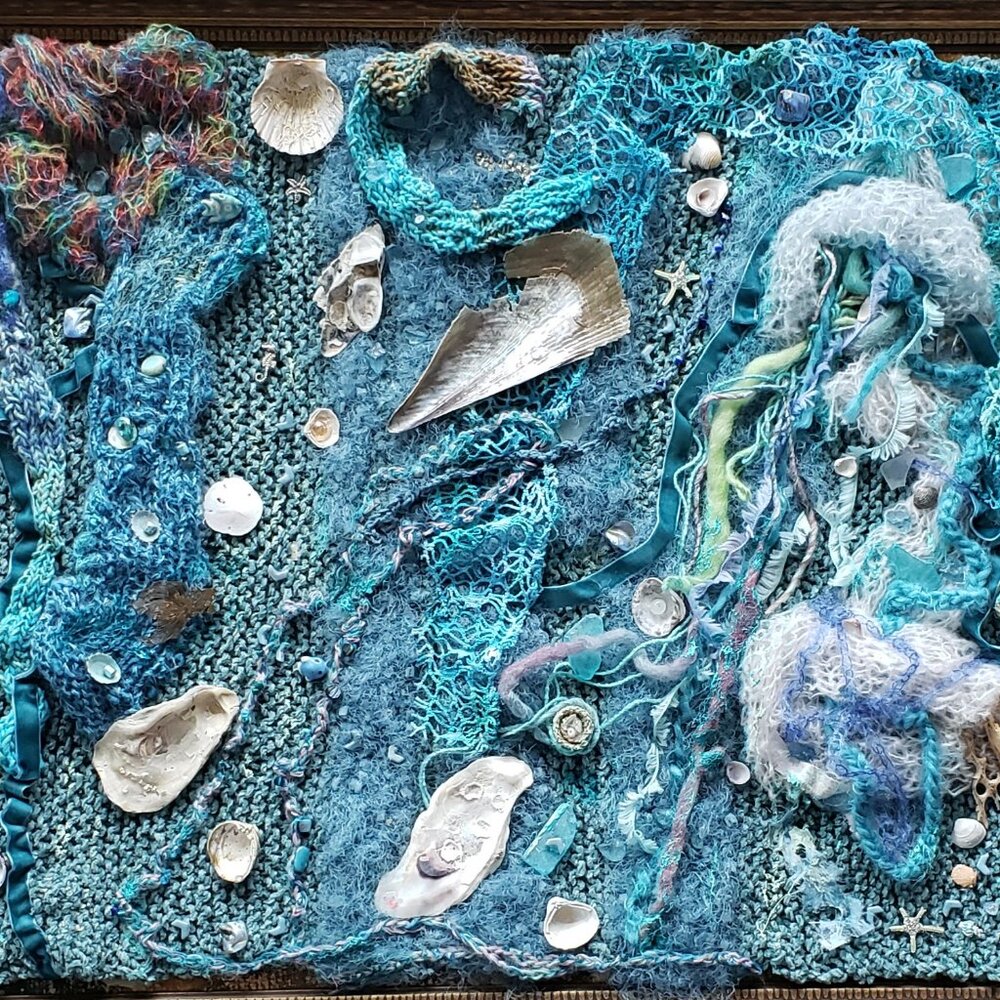 New framed fiber art, ready to hang. Organic elements. 32x12 in.Mixed media art.